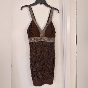 SUE WONG Brown dressy dress with mesh lace and brass-gold sequins/accents SZ 6